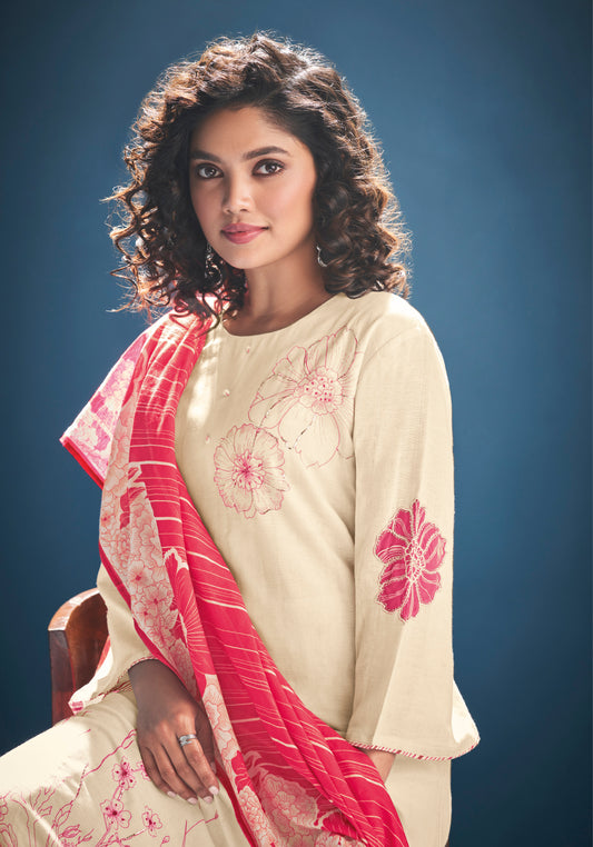 Ruia Linen Embroidered Suit With Printed Ruia Linen Dupatta Available in Cream