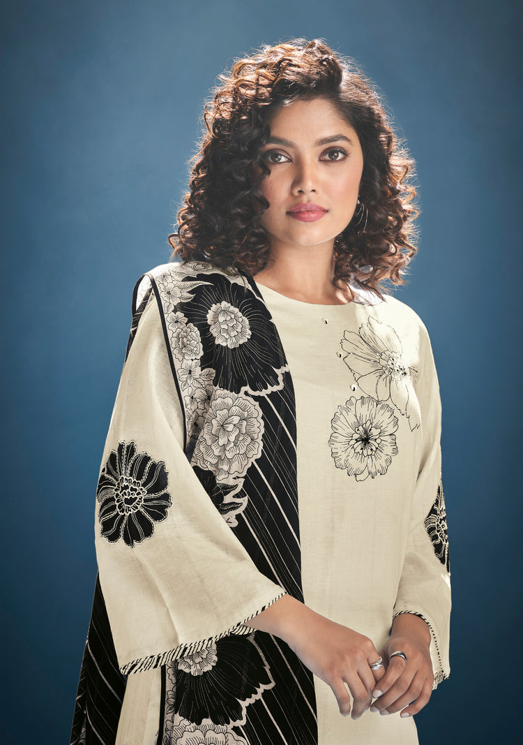 Ruia Linen Embroidered Suit With Printed Ruia Linen Dupatta Available in Cream