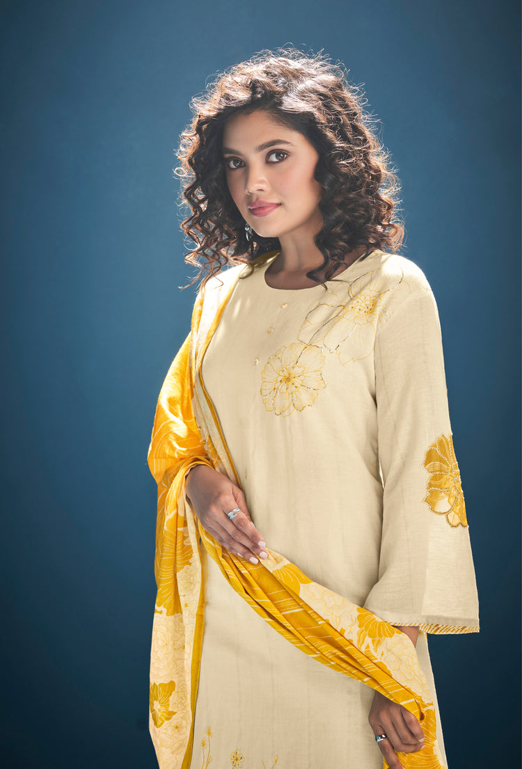 Ruia Linen Embroidered Suit With Printed Ruia Linen Dupatta Available in Cream