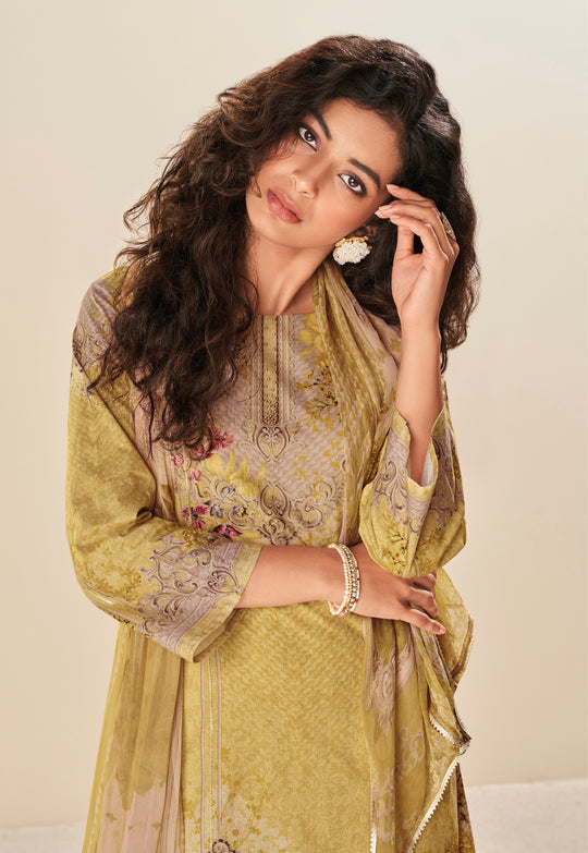 Lawn Cotton Print With Handwork Suit With Printed Bamberg Chiffon Dupatta Available in Munsell Yellow