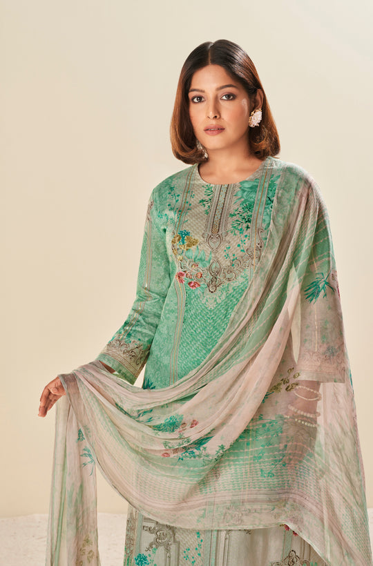 Lawn Cotton Print With Handwork Suit With Printed Bamberg Chiffon Dupatta Available in Mint Green