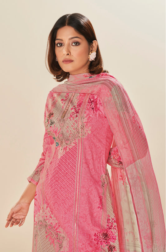 Lawn Cotton Print With Handwork Suit With Printed Bamberg Chiffon Dupatta Available in Watermelon Pink