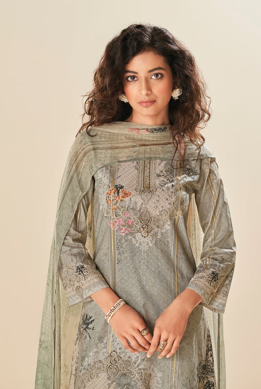 Lawn Cotton Print With Handwork Suit With Printed Bamberg Chiffon Dupatta Available in Grey