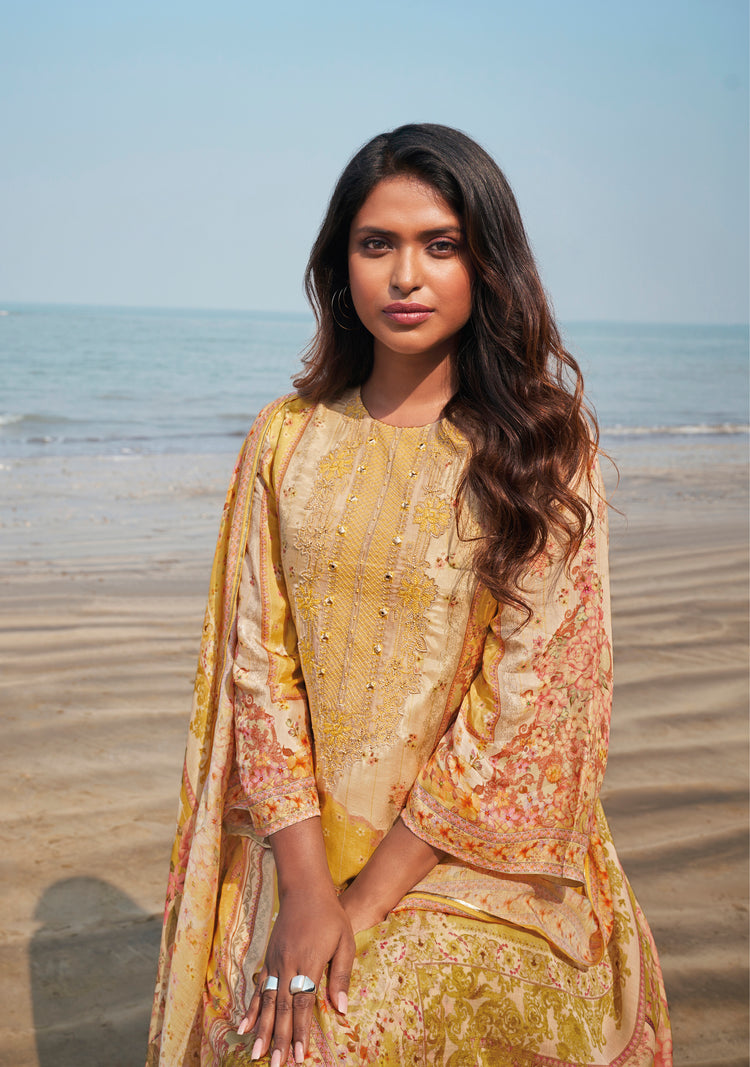 Pure Muslin Embroidered Suit With Printed Muslin Dupatta Available in Gold Yellow