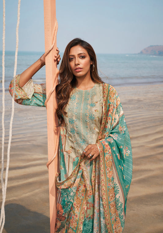 Pure Muslin Embroidered Suit With Printed Muslin Dupatta Available in Teal Blue