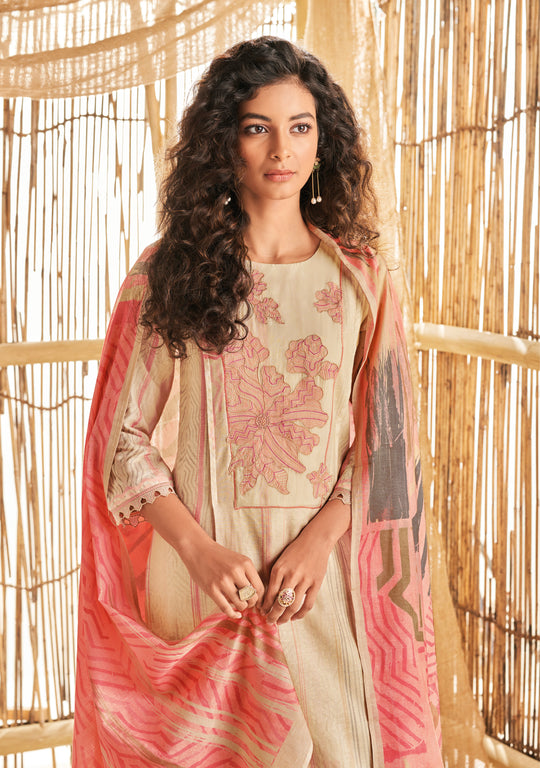 Ruia Linen Embroidered Suit With Printed Ruia Linen Dupatta Available in Cream