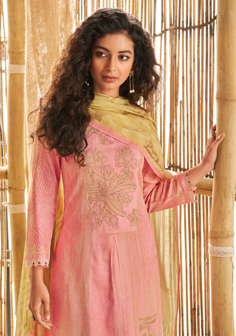 Ruia Linen Embroidered Suit With Printed Ruia Linen Dupatta Available in Lemonade Pink