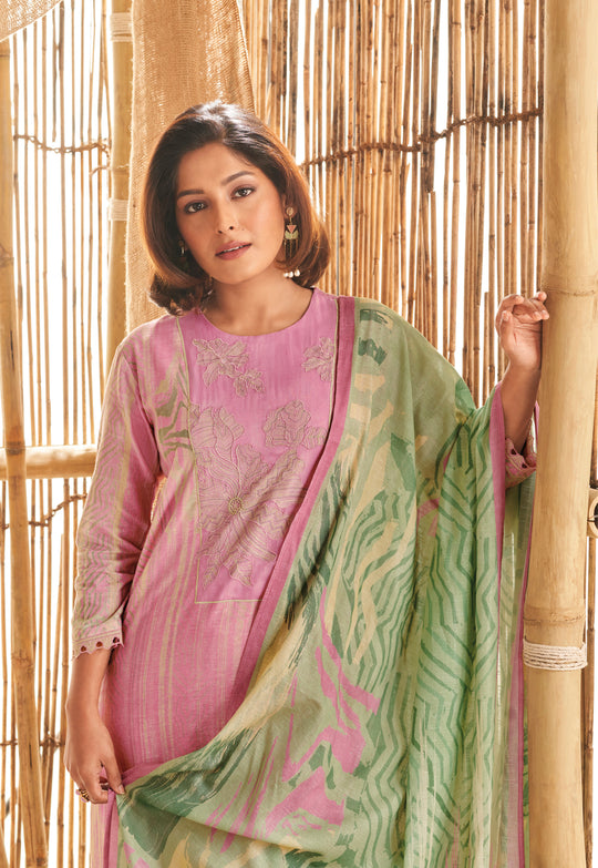 Ruia Linen Embroidered Suit With Printed Ruia Linen Dupatta Available in Pink