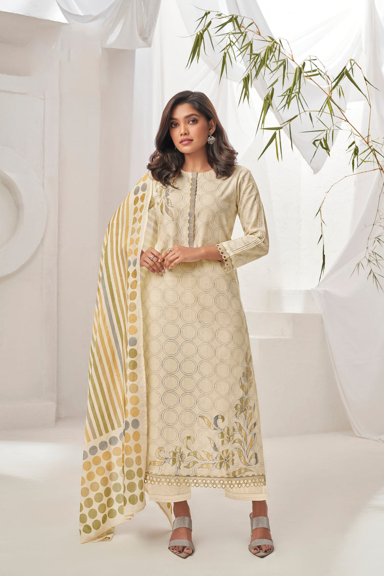 Ruia Linen Embroidered Suit With Printed Ruia Linen Dupatta Available in Cream