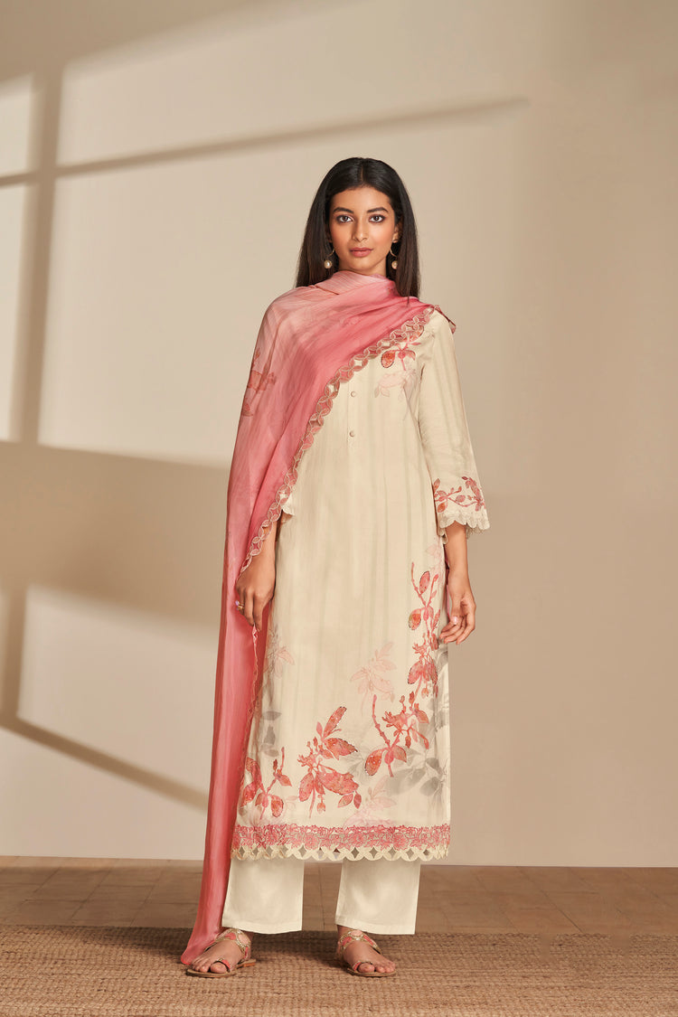 Lawn Cotton Print With Handwork Suit With Embroidered Organza Dupatta Available in Cream