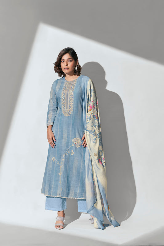 Muslin Linen Embroidered Suit With Printed Bemberg Chiffon Dupatta Available in Stone Blue