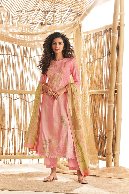 Ruia Linen Embroidered Suit With Printed Ruia Linen Dupatta Available in Lemonade Pink