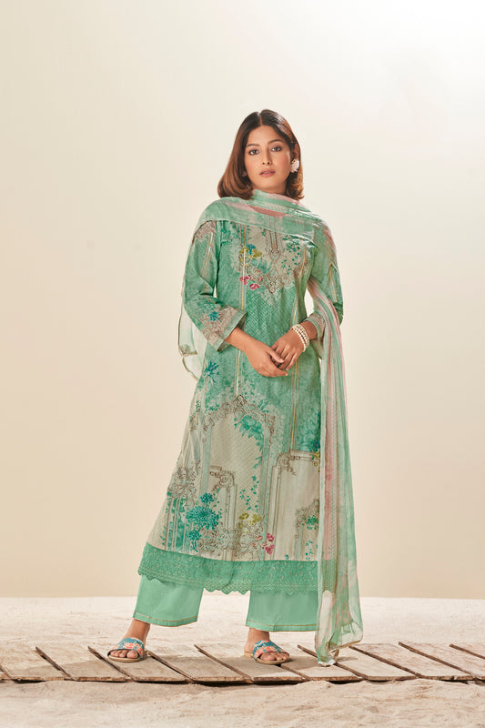 Lawn Cotton Print With Handwork Suit With Printed Bamberg Chiffon Dupatta Available in Mint Green