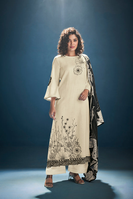 Ruia Linen Embroidered Suit With Printed Ruia Linen Dupatta Available in Cream