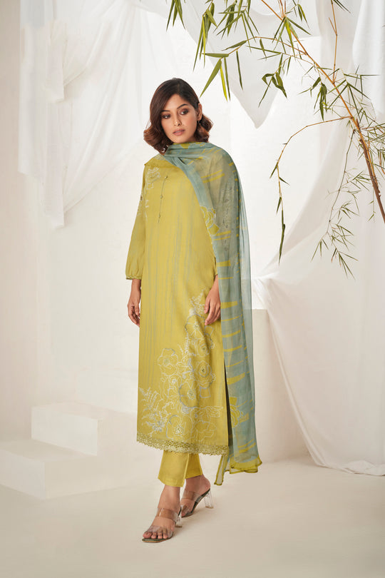 Linen Cotton Embroidered Suit With Printed Bemberg Chiffon Dupatta Available in Sandstorm Yellow