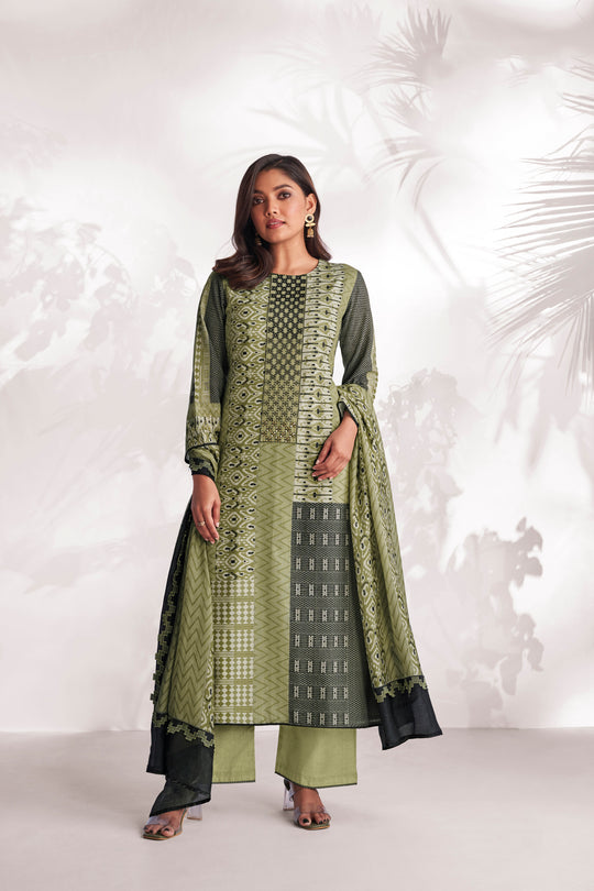 Linen Cotton Embroidered Suit With Printed Muslin Dupatta Available in Olive Green