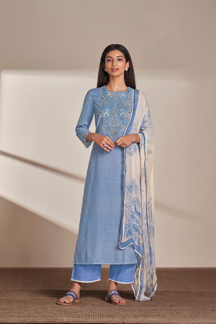 Lawn Cotton Embroidery With Handwork Suit With Printed Bemberg Chiffon Dupatta Available in Powder Blue