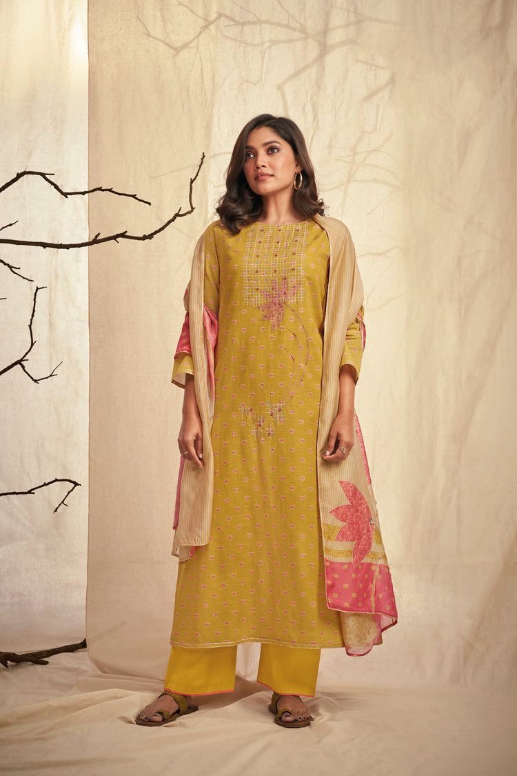 Linen Cotton Embroidered Suit With Printed Muslin Dupatta Available in Medallion Yellow