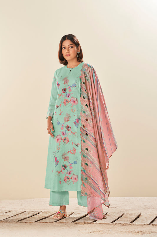 Ruia Linen Print With Handwork Suit With Embroidered Ruia Linen Dupatta Available in Teal Blue