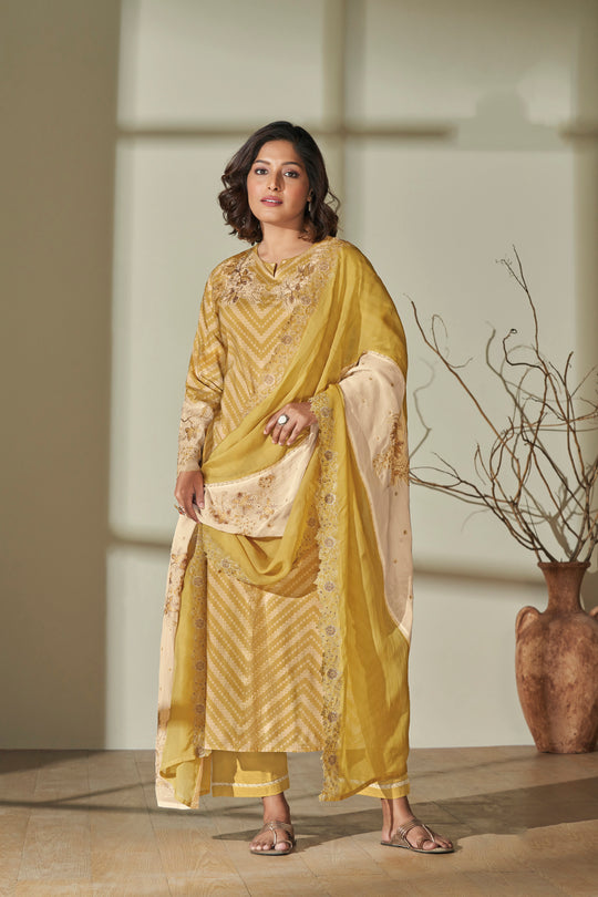 Lawn Cotton Embroidered Suit With Embroidered Organza Dupatta Available in Yellow