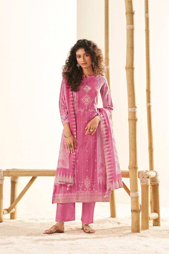 Ruia Linen Embroidered Suit With Printed Ruia Linen Dupatta Available in Watermelon Pink