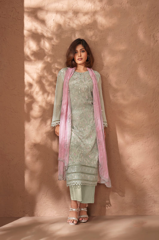 Pure Chiffon Embroidered Suit With Printed Bemberg Chiffon Dupatta Available in Tea Green