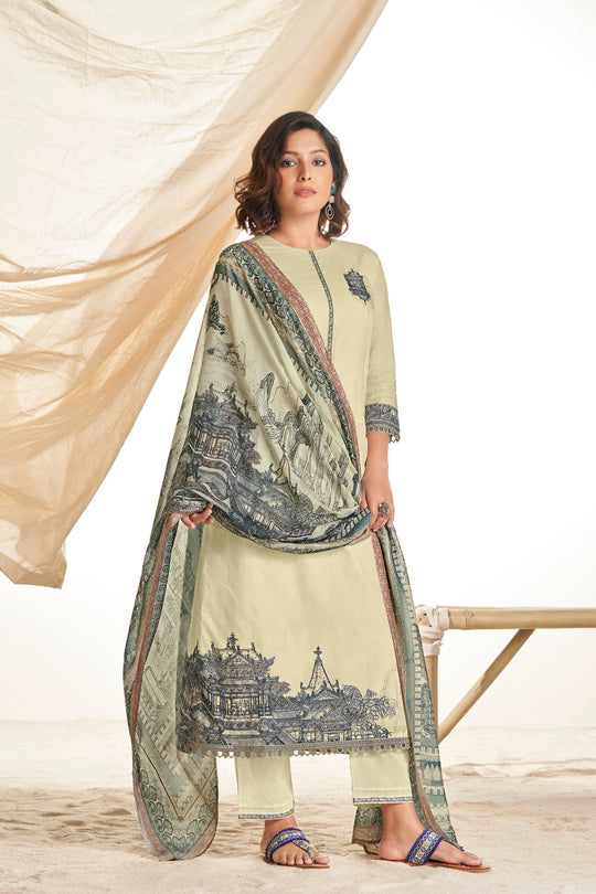 Lawn Cotton Print With Handwork Suit With Printed Muslin Dupatta Available in Cream