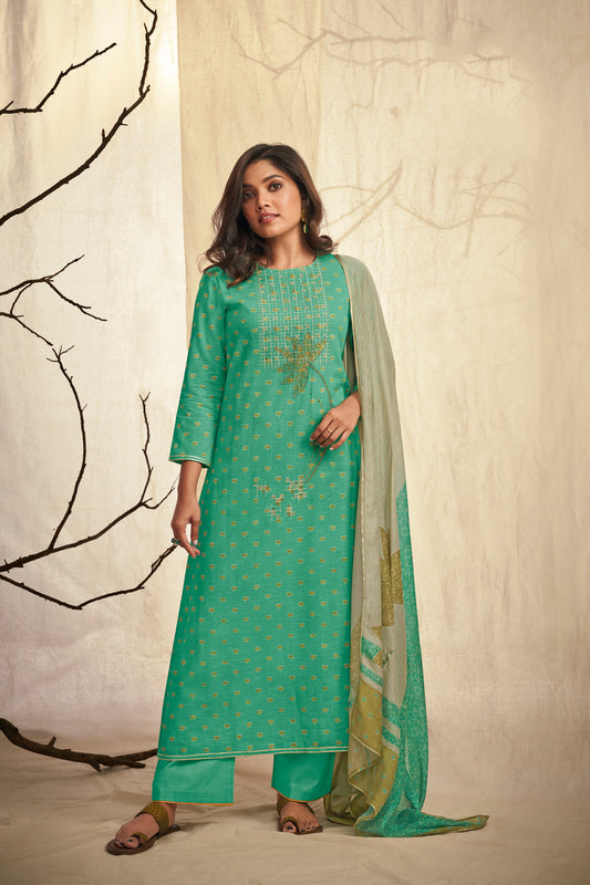 Linen Cotton Embroidered Suit With Printed Muslin Dupatta Available in Teal Blue