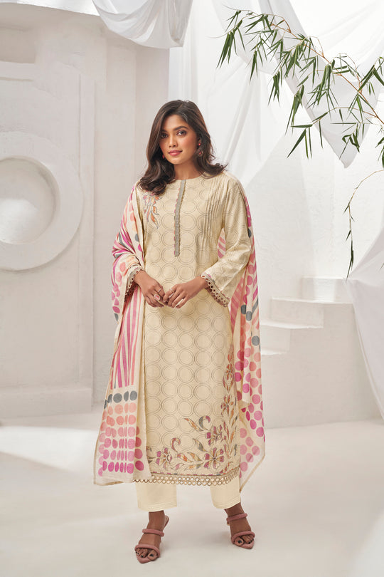 Ruia Linen Embroidered Suit With Printed Ruia Linen Dupatta Available in Cream