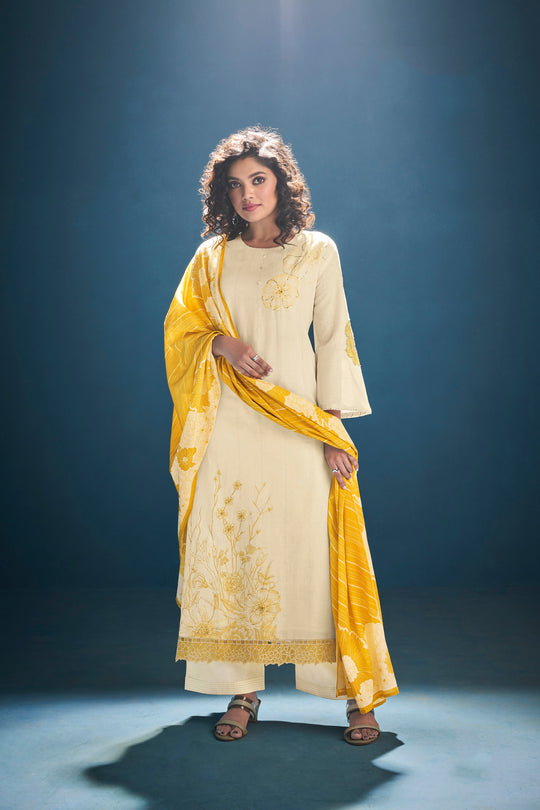 Ruia Linen Embroidered Suit With Printed Ruia Linen Dupatta Available in Cream