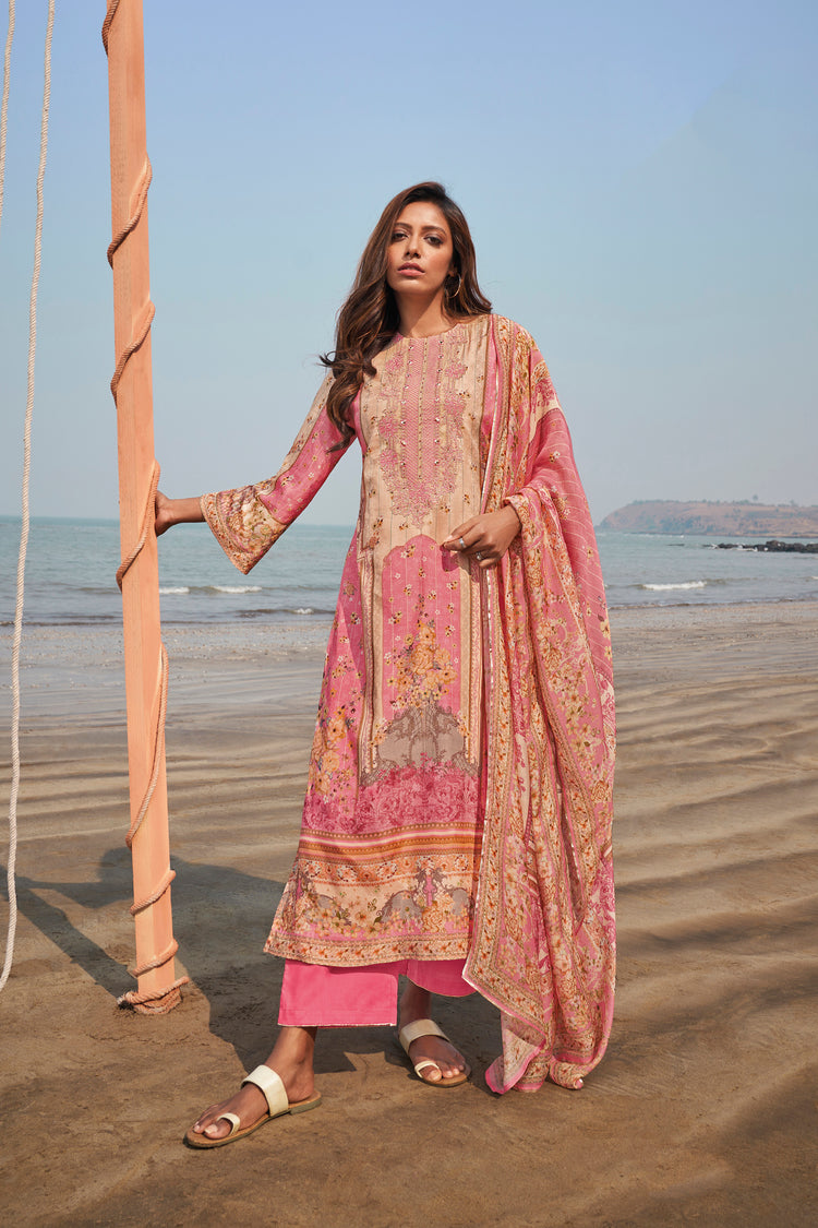 Pure Muslin Embroidered Suit With Printed Muslin Dupatta Available in Watermelon Pink