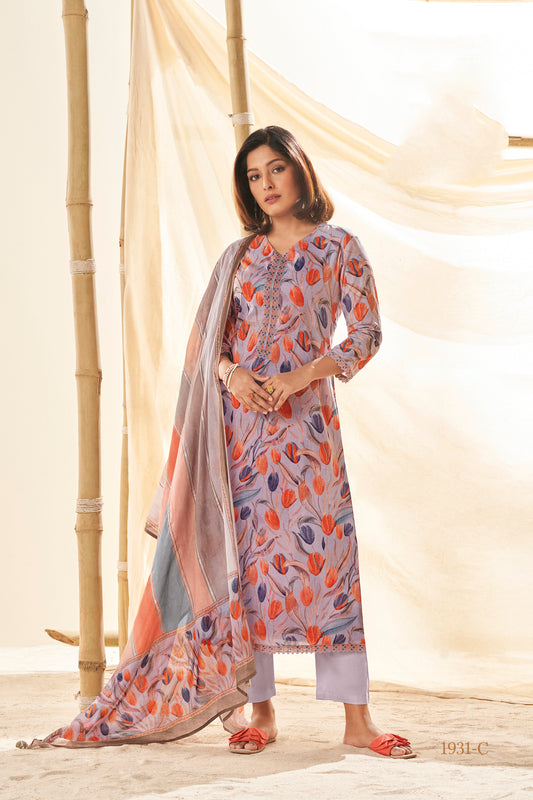 Lawn Cotton Embroidered Suit With Printed Malmal Cotton Dupatta Available in Lavender