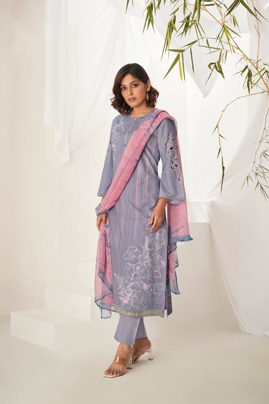 Linen Cotton Embroidered Suit With Printed Bemberg Chiffon Dupatta Available in Lavender