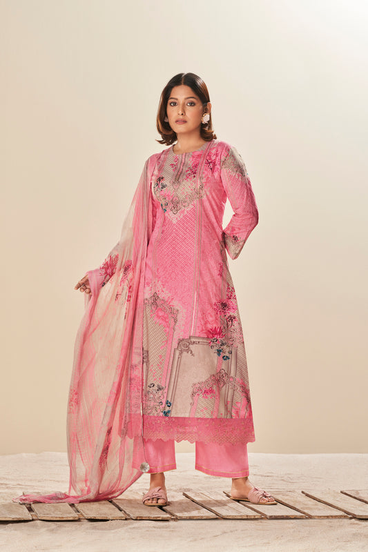 Lawn Cotton Print With Handwork Suit With Printed Bamberg Chiffon Dupatta Available in Watermelon Pink