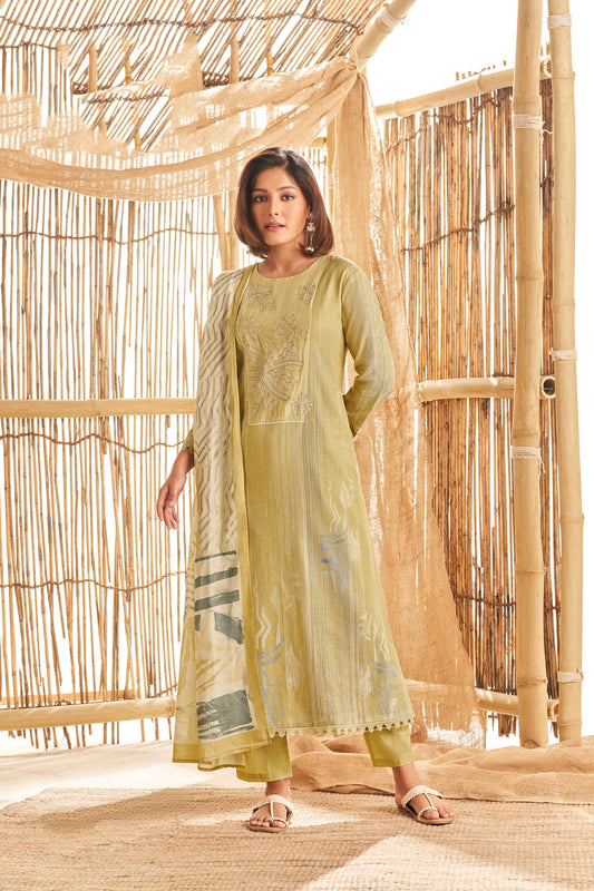 Ruia Linen Embroidered Suit With Printed Ruia Linen Dupatta Available in Olive Green