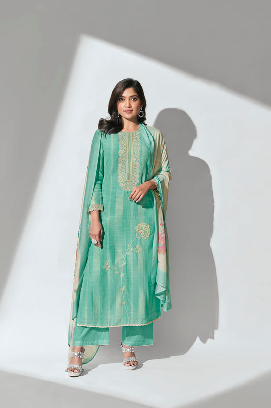 Muslin Linen Embroidered Suit With Printed Bemberg Chiffon Dupatta Available in Teal Blue