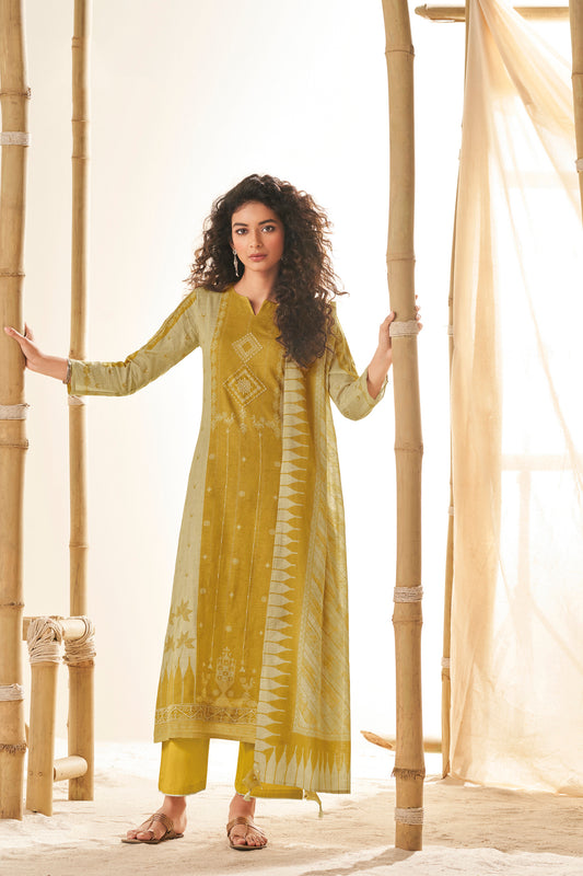 Ruia Linen Embroidered Suit With Printed Ruia Linen Dupatta Available in Munsell Yellow