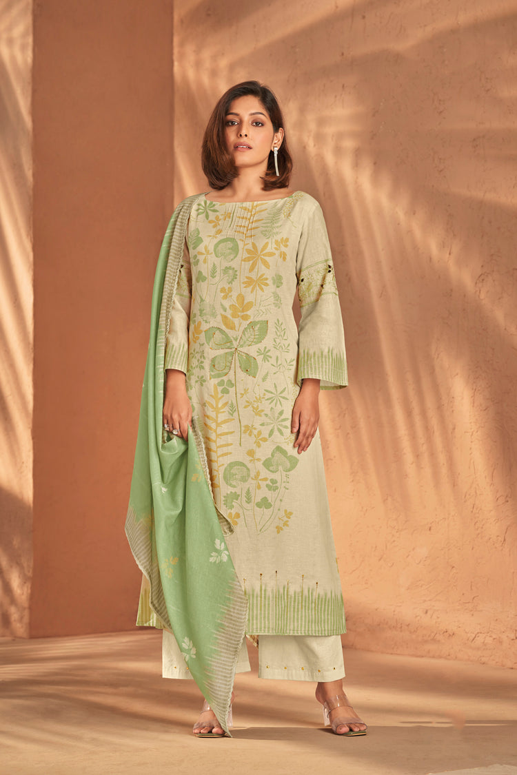 Ruia Linen Embroidered Suit With Printed Ruia Linen Dupatta Available in Beige