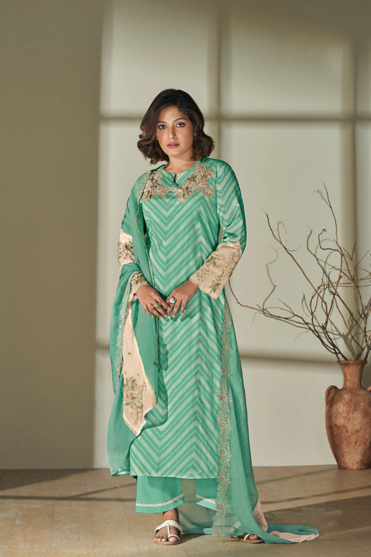 Lawn Cotton Embroidered Suit With Embroidered Organza Dupatta Available in Teal Blue