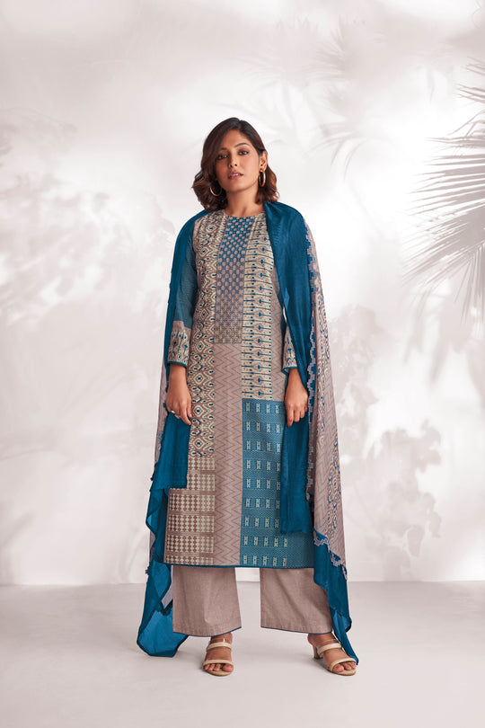 Linen Cotton Embroidered Suit With Printed Muslin Dupatta Available in German Grey