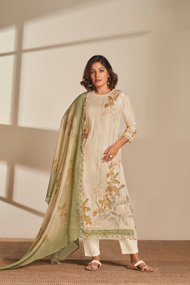 Lawn Cotton Print With Handwork Suit With Embroidered Organza Dupatta Available in Cream