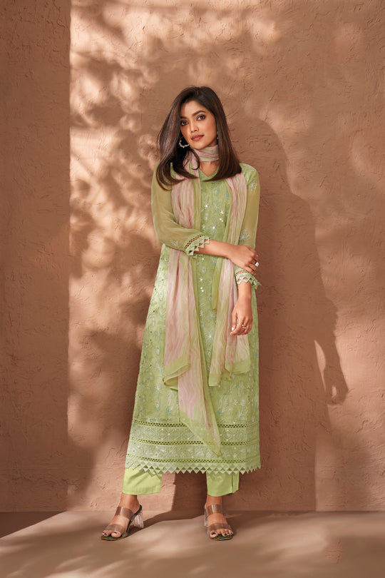 Pure Chiffon Embroidered Suit With Printed Bemberg Chiffon Dupatta Available in Moss Green