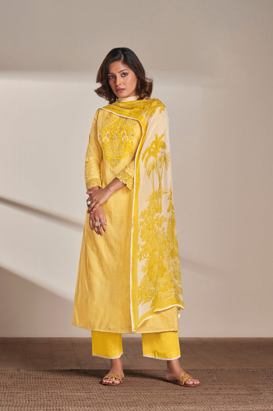 Lawn Cotton Embroidery With Handwork Suit With Printed Bemberg Chiffon Dupatta Available in Lemon Yellow