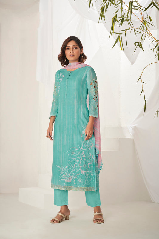 Linen Cotton Embroidered Suit With Printed Bemberg Chiffon Dupatta Available in Teal Blue