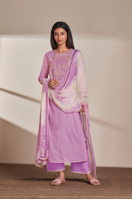 Lawn Cotton Embroidery With Handwork Suit With Printed Bemberg Chiffon Dupatta Available in Lavender