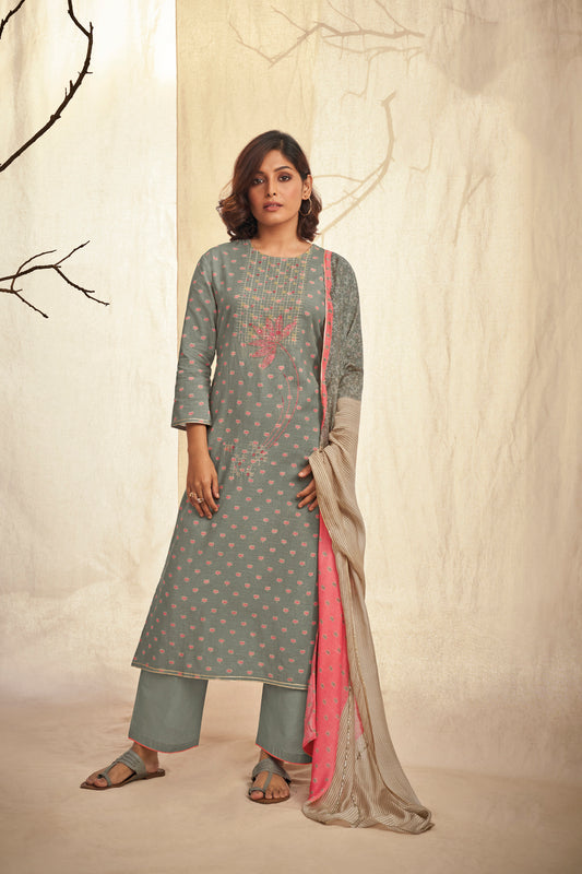 Linen Cotton Embroidered Suit With Printed Muslin Dupatta Available in Grey