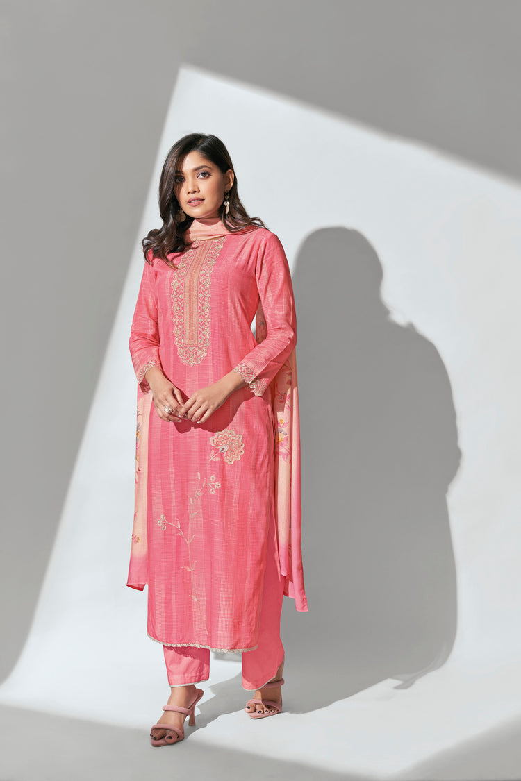 Muslin Linen Embroidered Suit With Printed Bemberg Chiffon Dupatta Available in Watermelon Pink