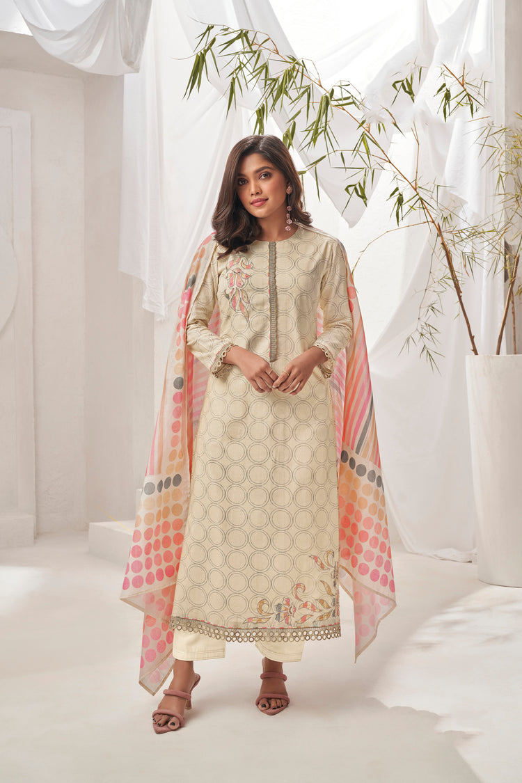 Ruia Linen Embroidered Suit With Printed Ruia Linen Dupatta Available in Cream