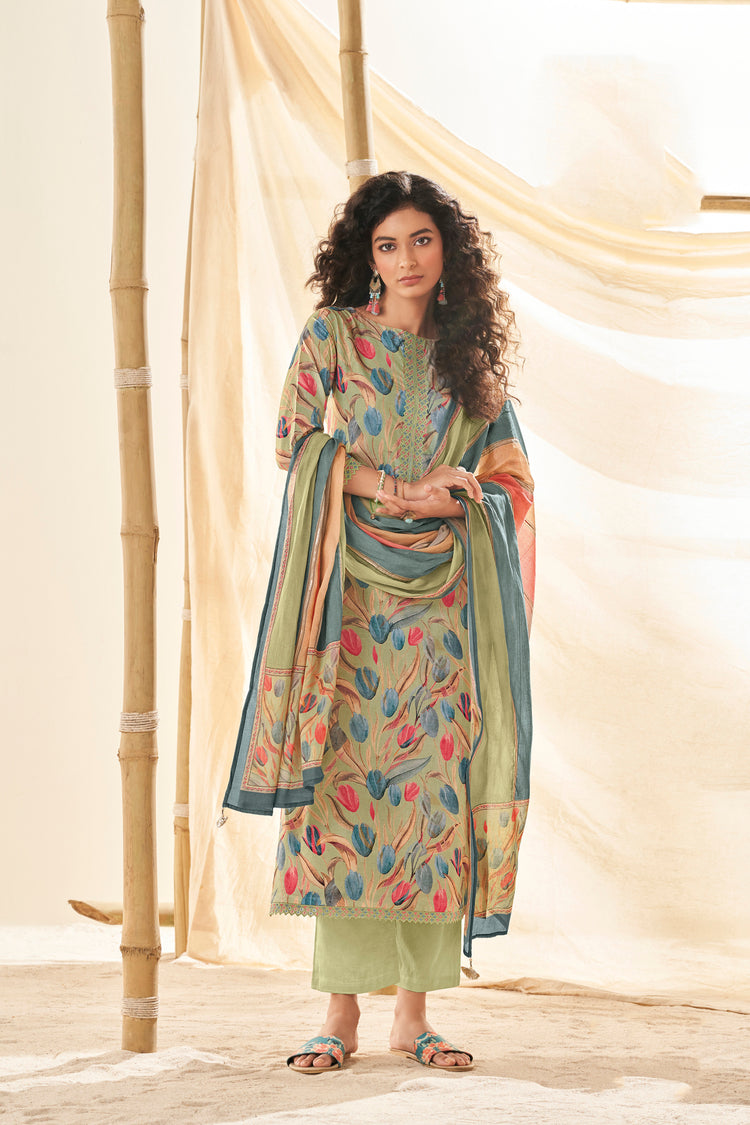 Lawn Cotton Embroidered Suit With Printed Malmal Cotton Dupatta Available in Olive Green