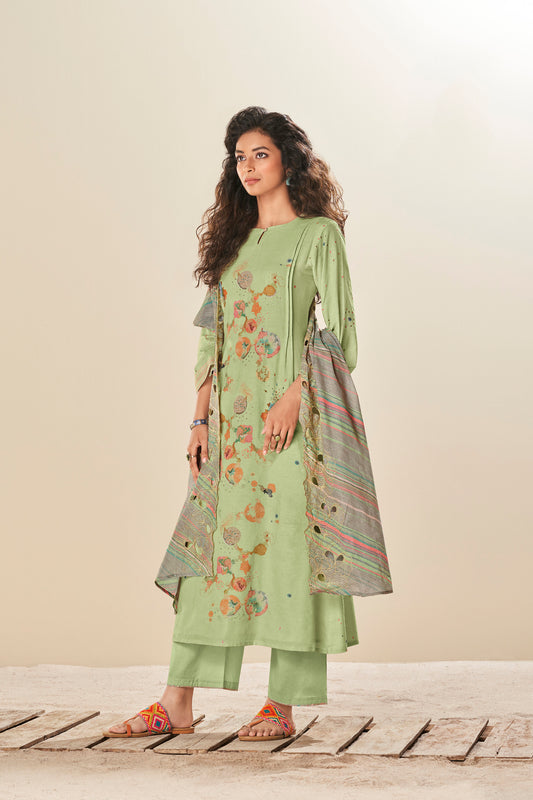 Ruia Linen Print With Handwork Suit With Embroidered Ruia Linen Dupatta Available in Tea Green